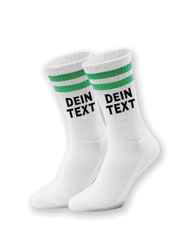 NIMAMA Damen & Herren Socken bedrucken lassen mit eigenem Text - Unisex Tennissocken als Geschenk - Weiße Sportsocken mit lustigem Statement - Weiß/Grün 36/41 von NIMAMA