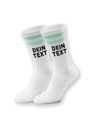 NIMAMA Damen & Herren Socken bedrucken lassen mit eigenem Text - Unisex Tennissocken als Geschenk - Weiße Sportsocken mit lustigem Statement - Weiß/Mint 36/41 von NIMAMA