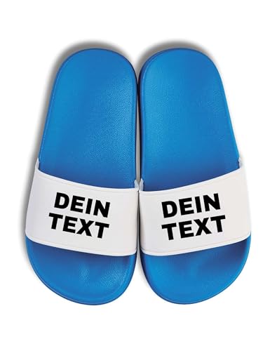 NIMAMA Kinder Badelatschen bedrucken lassen - Schlappen mit Wunschtext personalisiert - Badeschuhe Flip Flops Hausschuhe für Jungen & Mädchen selbst gestalten - Blau/Weiss - 35 von NIMAMA