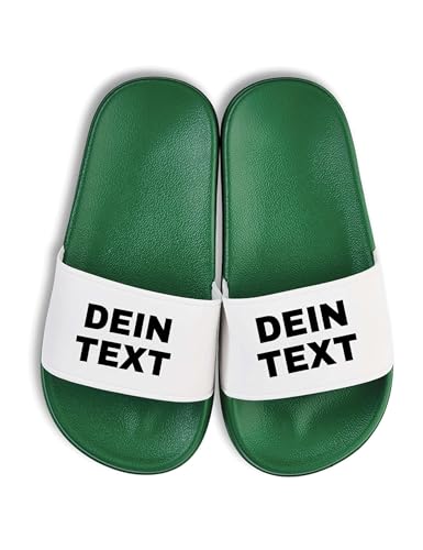 NIMAMA Kinder Badelatschen bedrucken lassen - Schlappen mit Wunschtext personalisiert - Badeschuhe Flip Flops Hausschuhe für Jungen & Mädchen selbst gestalten - Grün/Weiss - 32 von NIMAMA