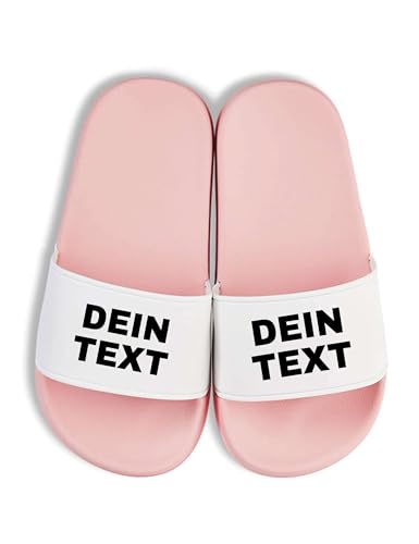 NIMAMA Kinder Badelatschen bedrucken lassen - Schlappen mit Wunschtext personalisiert - Badeschuhe Flip Flops Hausschuhe für Jungen & Mädchen selbst gestalten - Rosa/Weiss - 34 von NIMAMA