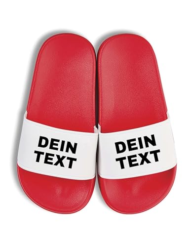 NIMAMA Kinder Badelatschen bedrucken lassen - Schlappen mit Wunschtext personalisiert - Badeschuhe Flip Flops Hausschuhe für Jungen & Mädchen selbst gestalten - Rot/Weiss - 35 von NIMAMA