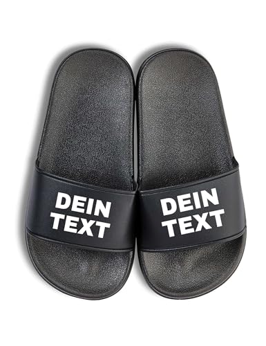 NIMAMA Kinder Badelatschen bedrucken lassen - Schlappen mit Wunschtext personalisiert - Badeschuhe Flip Flops Hausschuhe für Jungen & Mädchen selbst gestalten - Schwarz/Schwarz - 35 von NIMAMA