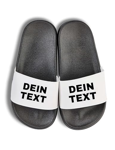 NIMAMA Kinder Badelatschen bedrucken lassen - Schlappen mit Wunschtext personalisiert - Badeschuhe Flip Flops Hausschuhe für Jungen & Mädchen selbst gestalten - Schwarz/Weiss - 35 von NIMAMA