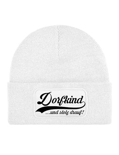 NIMAMA Mütze Beanie Dorfkind Wintermütze Statement Spruch Print Geschenk Unisex Strickmütze für Herren & Damen - Weiß von NIMAMA