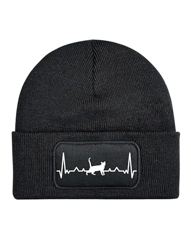 NIMAMA Mütze Beanie Heartbeat Katze Wintermütze Statement Spruch Print Geschenk Unisex Strickmütze für Herren & Damen - Schwarz von NIMAMA