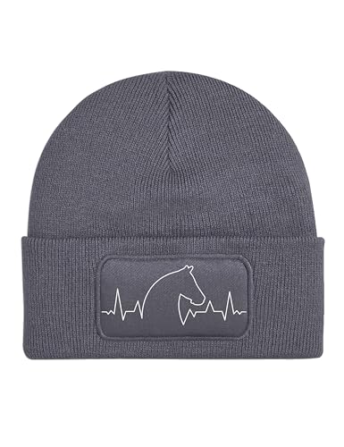NIMAMA Mütze Beanie Heartbeat Pferd Wintermütze Statement Spruch Print Geschenk Unisex Strickmütze für Herren & Damen - Dunkelgrau von NIMAMA