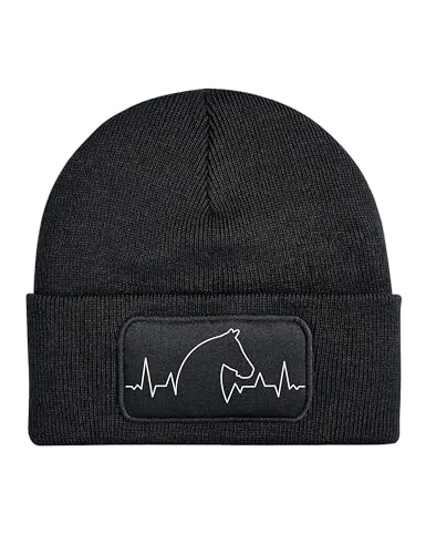 NIMAMA Mütze Beanie Heartbeat Pferd Wintermütze Statement Spruch Print Geschenk Unisex Strickmütze für Herren & Damen - Schwarz von NIMAMA