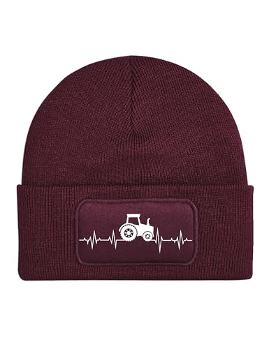 NIMAMA Mütze Beanie Heartbeat Traktor Wintermütze Statement Spruch Print Geschenk Unisex Strickmütze für Herren & Damen - Burgund von NIMAMA