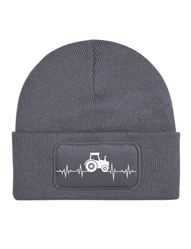 NIMAMA Mütze Beanie Heartbeat Traktor Wintermütze Statement Spruch Print Geschenk Unisex Strickmütze für Herren & Damen - Dunkelgrau von NIMAMA