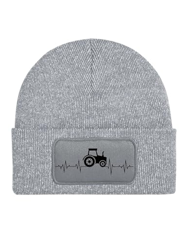 NIMAMA Mütze Beanie Heartbeat Traktor Wintermütze Statement Spruch Print Geschenk Unisex Strickmütze für Herren & Damen - Hellgrau von NIMAMA