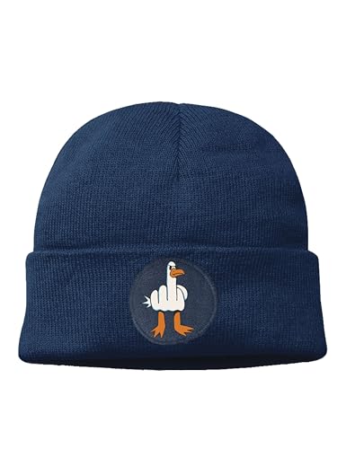 NIMAMA Mütze Beanie Möwe Finger Wintermütze Statement Spruch Print Geschenk Unisex Strickmütze für Herren & Damen - Navyblau von NIMAMA