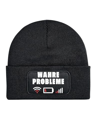 NIMAMA Mütze Beanie Wahre Probleme Wintermütze Statement Spruch Print Geschenk Unisex Strickmütze für Herren & Damen - Schwarz von NIMAMA