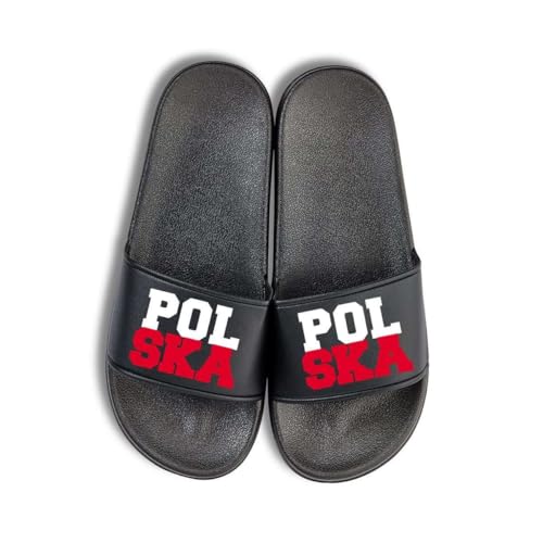 NIMAMA Polska Polen Badelatschen Flip Flops Badeschuhe Unisex für Damen und Herren - Schwarz/Schwarz - 44/45 von NIMAMA