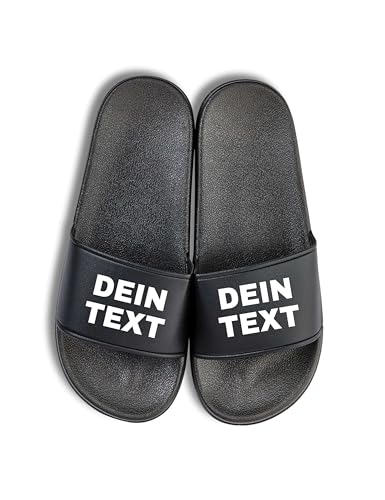 NIMAMA Unisex Badelatschen Bedrucken Lassen - Mit Wunschtext personalisiert - Individuell als Geschenk für Herren und Damen selbst gestalten - Schwarz/Schwarz - 44/45 NIMAMA Unisex Badelatschen Bedrucken Lassen - Mit Wunschtext personalisiert - Individuell als Geschenk für Herren und Damen selbst gestalten - Schwarz/Schwarz - 44/45 von NIMAMA