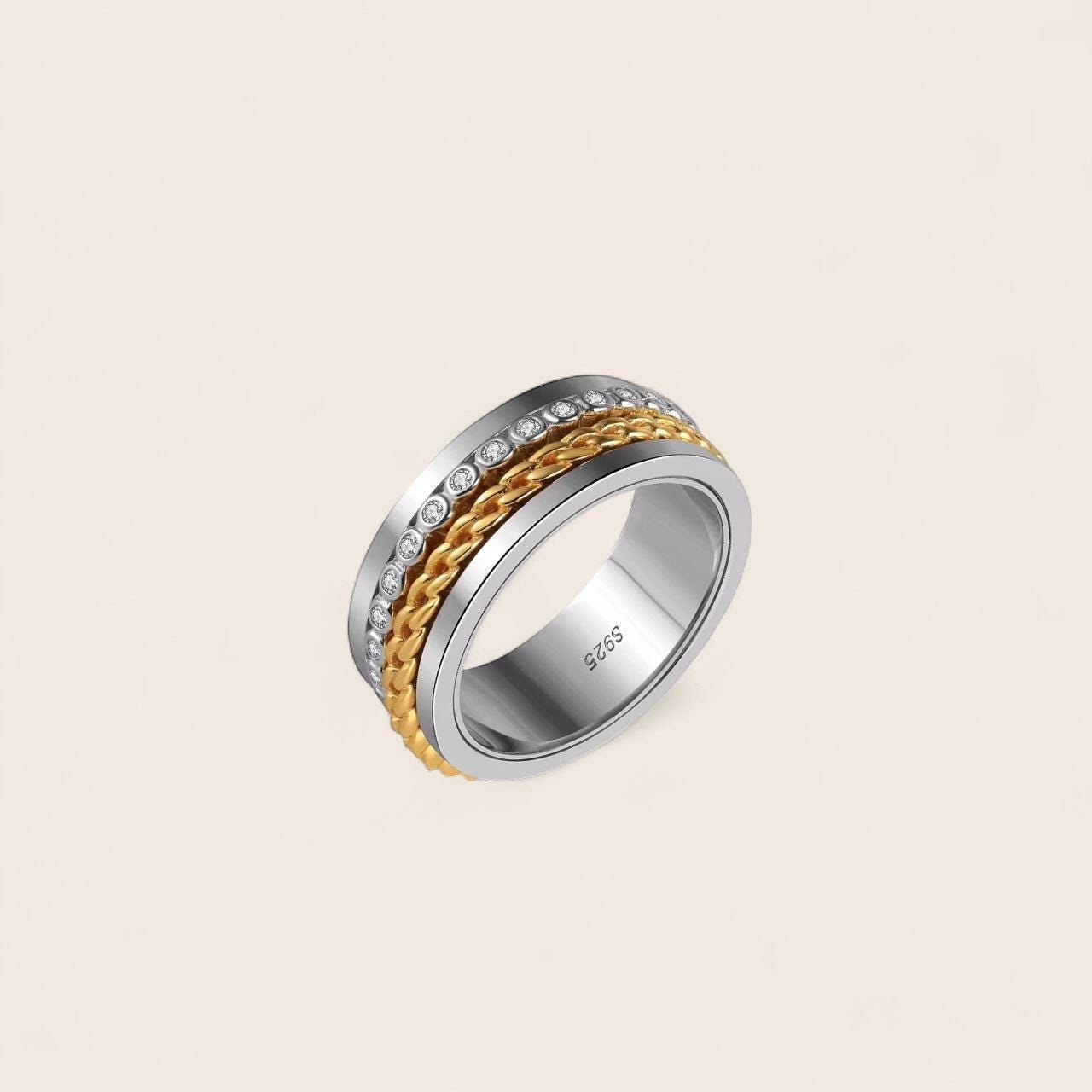 Herren Fidget-Ring Drehbar Mit Zirkonia - Zweifarbig, 925 Silber, 18K Vergoldet von NINASIAjewelry