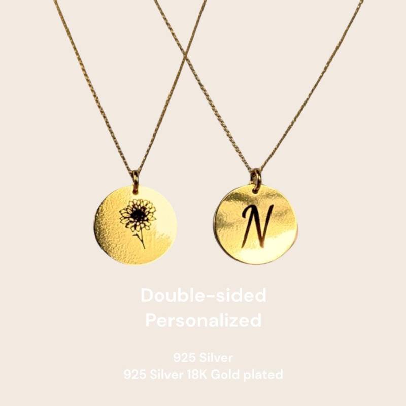 Personalisierte Geburtsblumen-Halskette - Beidseitig Gravierbarer Anhänger Aus 925 Silber Vergoldet Mit Initiale & Blumenmotiv von NINASIAjewelry