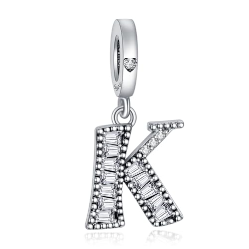 NINGAN 925 Sterling Silber Buchstabe Anhänger A-Z Charm Anhänger Geeignet für Frauen Armband Halskette Glänzendes 5A quadratisches Zirkonium Perlen Geburtstagsgeschenk（K） von NINGAN