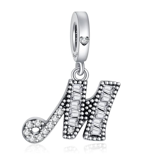 NINGAN 925 Sterling Silber Buchstabe Anhänger A-Z Charm Anhänger Geeignet für Frauen Armband Halskette Glänzendes 5A quadratisches Zirkonium Perlen Geburtstagsgeschenk（M） von NINGAN