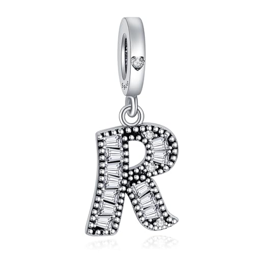 NINGAN 925 Sterling Silber Buchstabe Anhänger A-Z Charm Anhänger Geeignet für Frauen Armband Halskette Glänzendes 5A quadratisches Zirkonium Perlen Geburtstagsgeschenk（R） von NINGAN