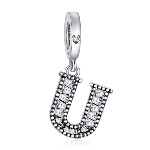 NINGAN 925 Sterling Silber Buchstabe Anhänger A-Z Charm Anhänger Geeignet für Frauen Armband Halskette Glänzendes 5A quadratisches Zirkonium Perlen Geburtstagsgeschenk（U） von NINGAN