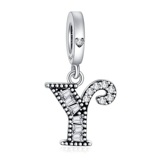 NINGAN 925 Sterling Silber Buchstabe Anhänger A-Z Charm Anhänger Geeignet für Frauen Armband Halskette Glänzendes 5A quadratisches Zirkonium Perlen Geburtstagsgeschenk（Y） von NINGAN