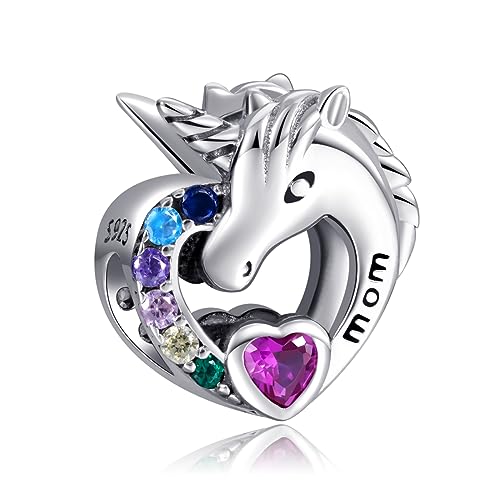 NINGAN 925 Sterling Silber Herz Einhorn Mum Charms Perlen Farbige Zirkon-Anhänger Geeignet für Damen Armband Halskette, Mutter Muttertag Geschenk von NINGAN