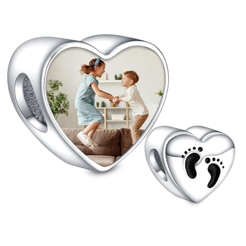 NINGAN 925 Sterling Silber Personalisierte Charme, HerzföRmige, Quadratische Charme, Personalisierte Foto Benutzerdefinierte AnhäNger, FüR Frauen ArmbäNder(Fußabdrücke) von NINGAN