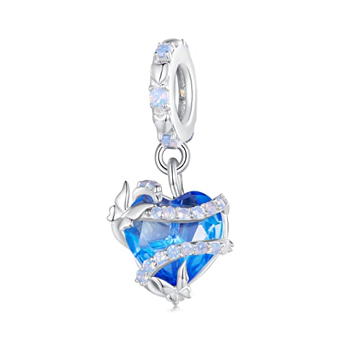 NINGAN 925 Sterling Silber Verzauberter Herz Anhänger Charme Funkelnde blaue Opal-Strassperlen Geeignet für Damen Armband Halskette von NINGAN