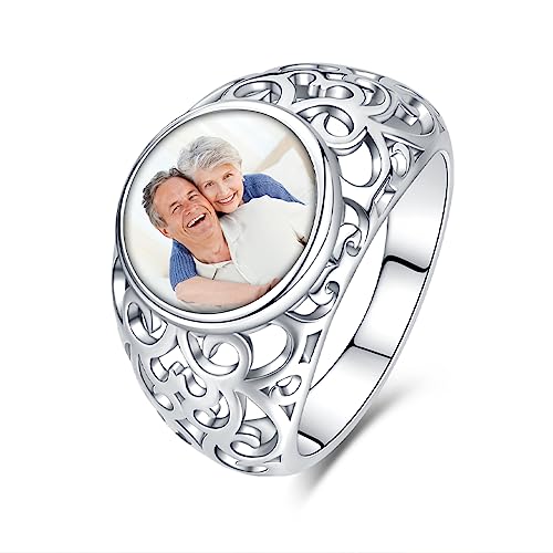 NINGAN Frauen Ring 925 Sterling Silber Personalisierte Runde Ring DIY Design Foto Ringe Schmuck Geschenk für Familie Freund(9) von NINGAN