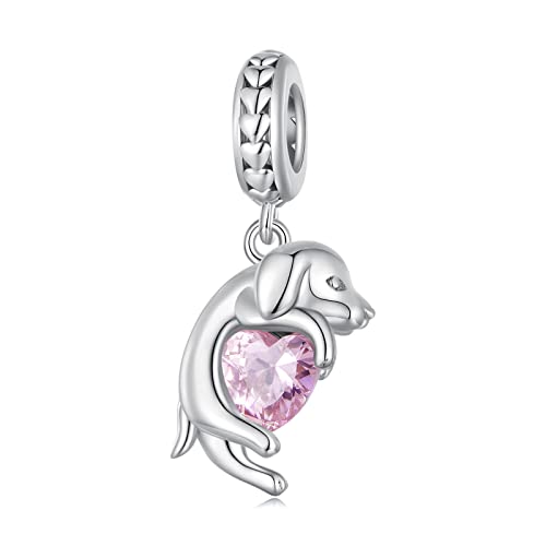NINGAN Hund hält Liebe Anhänger Sterling Silber 925 Anhänger Glänzender rosa Edelstein Charme Geeignet für Damen Armband Halskette von NINGAN