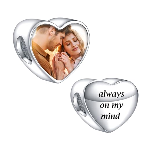 NINGAN Personalisierte benutzerdefinierte Foto Charms 925 Sterling Silber Charm Fit Frauen Armband Halskette Herz geformte Perle Geschenk für Familie Memorial (Alaways auf meinem Geist) von NINGAN