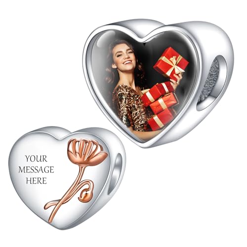 NINGAN Personalized Photo Charms Sterling Silber Geburt Blume August Mohn Perlen Anpassen Bild Liebe Herz für Frauen Armbänder und Halsketten Geschenke für Mädchen von NINGAN