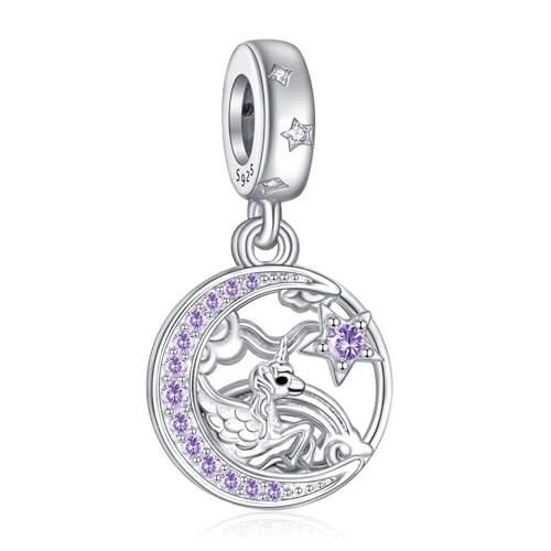 NINGAN Sterling Silber 925 Einhorn Anhänger Damen Armband Charm Halskette Anhänger Glänzend lila Edelstein Anhänger passend für Damen Armband(A) von NINGAN