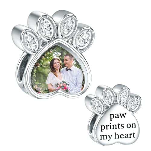 NINGAN personalisiertes Bild Charm Paw Charms Paw Prints auf meinem Herzen 925 Sterling Silber Bead Fit Damen Armband Halskette Geschenk für Familienfreund von NINGAN