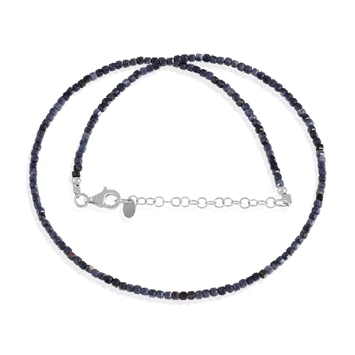 NIRVANA GEMS & JEWELS Blauer Saphir Damen-Halskette, natürlicher Edelstein (2 mm), würfelförmige Perlen mit 925er Silberschmuck, handgefertigt – (50 cm) von NIRVANA GEMS & JEWELS