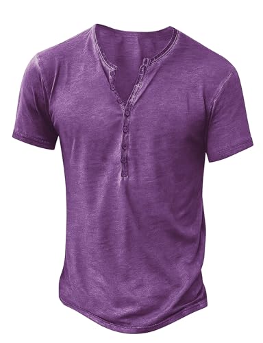 NITAGUT Hemd Herren Henley Shirt Kurzarm Männer Freizeithemd Vintage Slim Fit Leichtes Sommer T-Shirt,Lila,XL von NITAGUT