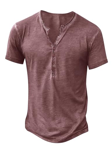 NITAGUT Hemd Herren Henley Shirt Kurzarm Männer Freizeithemd Vintage Slim Fit Leichtes Sommer T-Shirt,Rostrot,L von NITAGUT