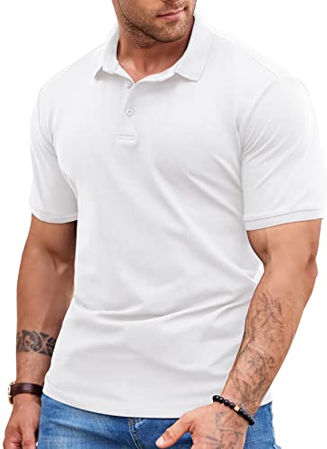 NITAGUT Herren Poloshirt Atmungsaktive Bequem Golf Tennis T-Shirts Baumwolle Lounge Leicht Knopfleiste Kurzarm Hemd,Weiß,L von NITAGUT