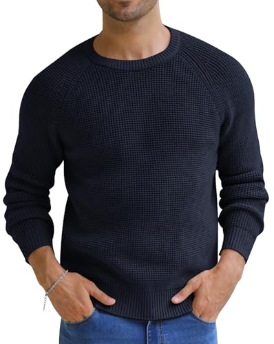 NITAGUT Herren Pullover Basic Waffel Rundhals Langarm Strickpullover Winter Warm Freizeit Slim fit Pulli Sweaters für Männer,Dunkelblau,XXL von NITAGUT