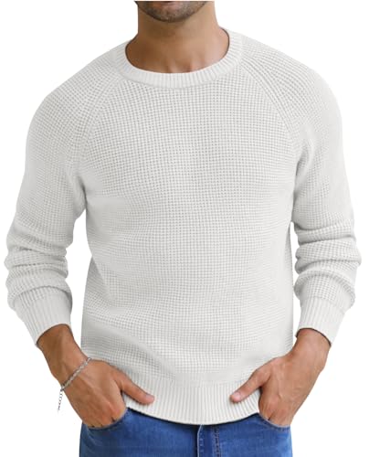 NITAGUT Herren Pullover Basic Waffel Rundhals Langarm Strickpullover Winter Warm Freizeit Slim fit Pulli Sweaters für Männer,Weiß,XXL von NITAGUT
