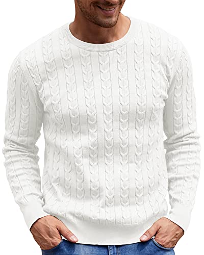 NITAGUT Herren Pullover Rundhalsausschnitt Kabel-Strick Sweater Strickpullover Weiß,2XL von NITAGUT