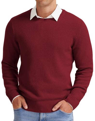 NITAGUT Herren Pullover Winter Basic Langarm Strickpullover Warm Casual Einfarbig Rundhals Sweatshirt,Weinrot,2XL von NITAGUT