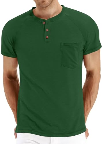 NITAGUT Herren Sommer Casual T-Shirts Front Placket Raglan Kurzarm Henley Shirts mit Tasche, 01 Grün, XL von NITAGUT