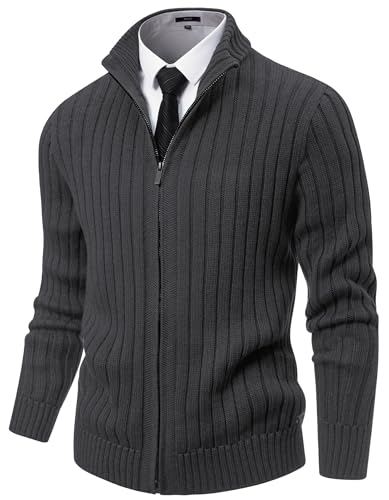 NITAGUT Herren Strickjacke Full Zip Stehkragen Langarm Baumwolle Casual Slim Fit Winter Pullover für Männer,Dunkelgrau,XL von NITAGUT