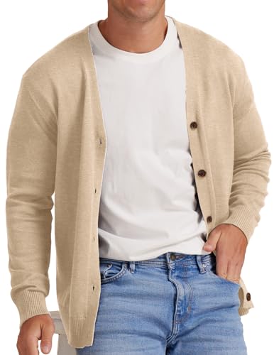 NITAGUT Strickjacke Herren Jacke Vintage gestreift Langärmel V-Kragen Knopf,Beige,L von NITAGUT