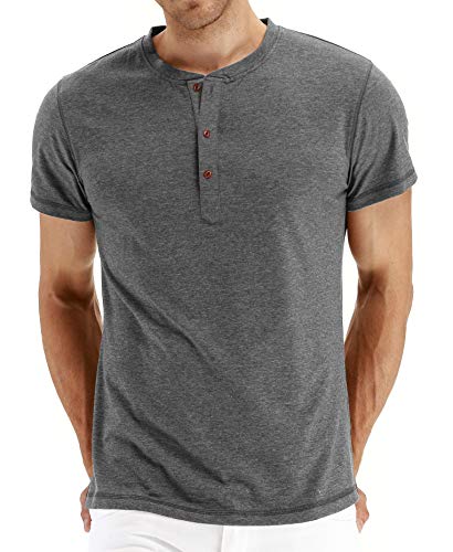 NITAGUT Herren T-Shirt Baumwolle Kurzarm Alltags-Henley-Hemd,Dunkelgrau,XL EU von NITAGUT