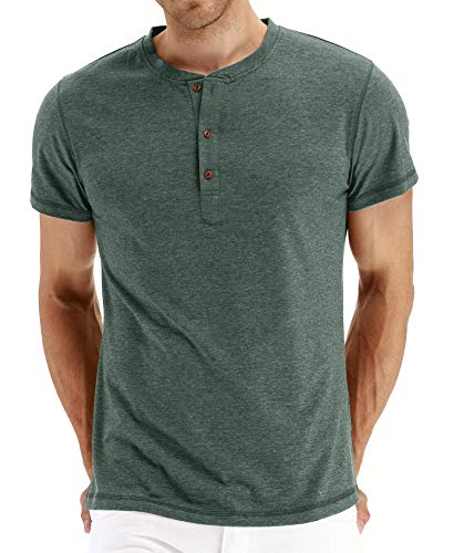 NITAGUT Herren T-Shirt Baumwolle Kurzarm Alltags-Henley-Hemd,Grün,L EU von NITAGUT