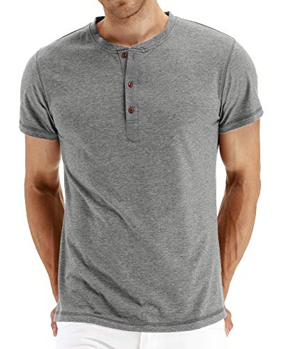 NITAGUT Herren T-Shirt Baumwolle Kurzarm Alltags-Henley-Hemd,Hellgrau,XL EU von NITAGUT