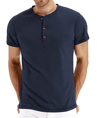 NITAGUT Herren T-Shirt Baumwolle Kurzarm Alltags-Henley-Hemd,Marineblau,S EU von NITAGUT